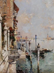 Venetië, uitzicht vanaf een kanaal over het Canal Grande naar de kerk San Giorgio